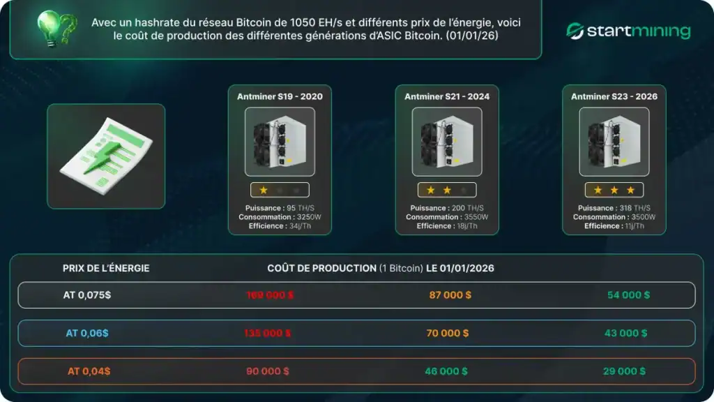 Comparatif du coÃƒÂ»t de production dÃ¢â‚¬â„¢un Bitcoin selon les gÃƒÂ©nÃƒÂ©rations dÃ¢â‚¬â„¢ASIC (S19, S21, S23) et le prix de lÃ¢â‚¬â„¢ÃƒÂ©nergie, illustrant la non-rentabilitÃƒÂ© des S19 ÃƒÂ  0,04 $/kWh en 2026