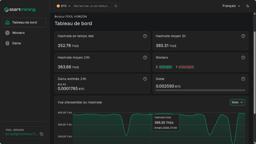dashboard mining bitcoin affichant hashrate gains et suivi des machines en hosting mining