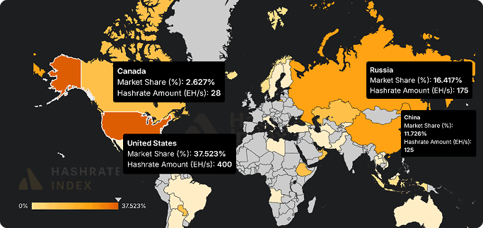 Carte mondiale montrant la rÃƒÂ©partition du hashrate Bitcoin par pays avec la part des Ãƒâ€°tats-Unis, de la Chine, de la Russie et du Canada