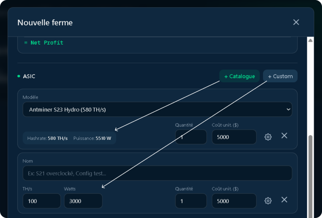 ajout asic dans ferme de minage avec configuration hashrate puissance et hebergement mining