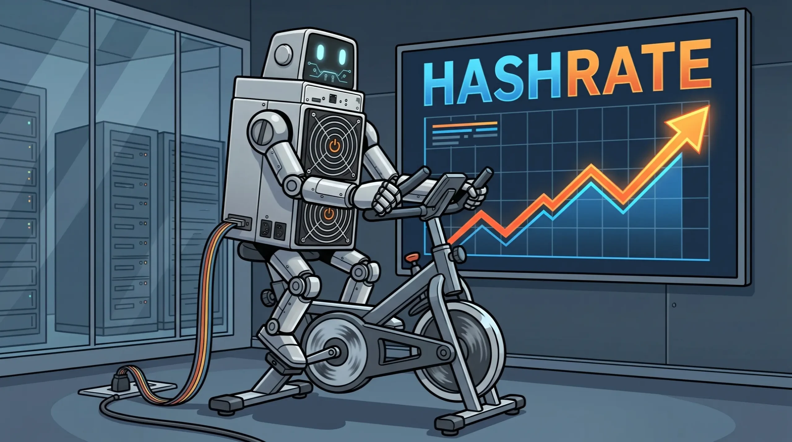 Illustration d'un ASIC de minage Bitcoin générant du hashrate sur un vélo d'entraînement devant un graphique de hausse du hashrate du réseau Bitcoin.