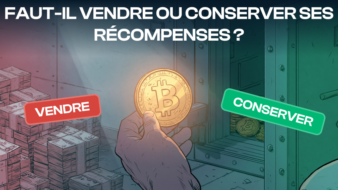 Illustration représentant le choix entre vendre ou conserver ses récompenses de minage Bitcoin afin d'optimiser sa stratégie de mining.